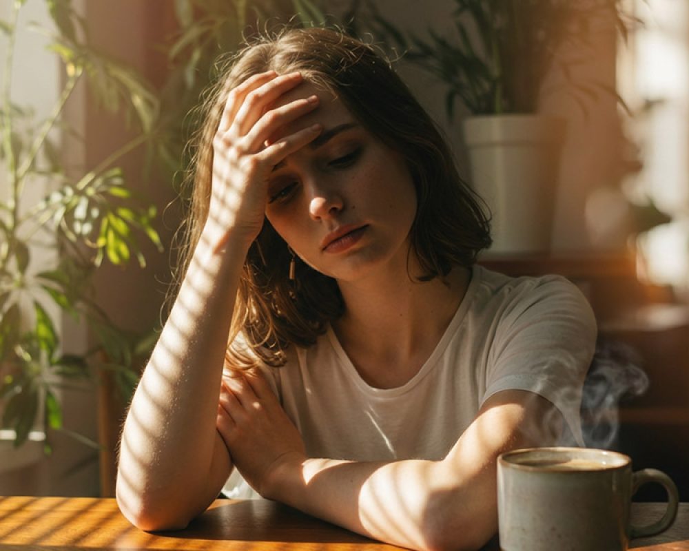 A woman looking exhausted and rubbing her eyes, experiencing menopause fatigue.