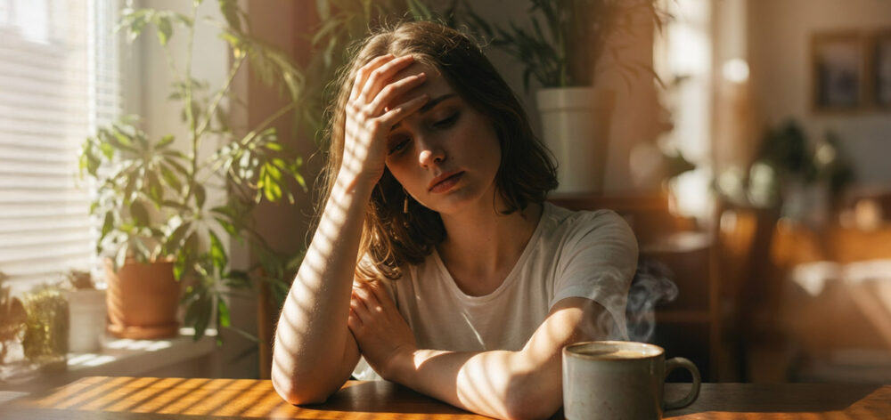A woman looking exhausted and rubbing her eyes, experiencing menopause fatigue.