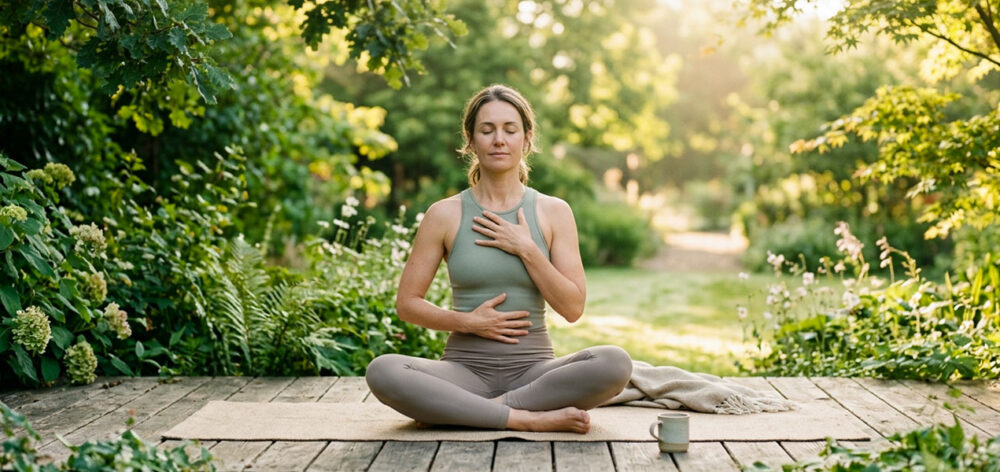 Woman practicing mindful breathing and relaxation outdoors for menopause wellness – Menovivre Clinic Dubai.