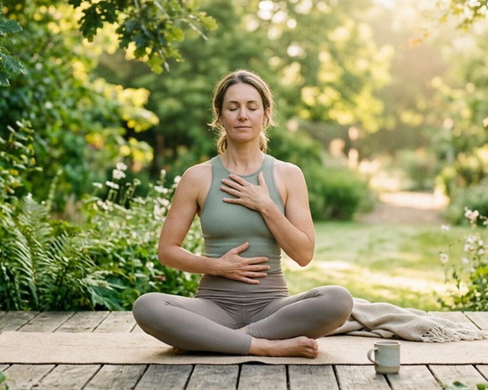 Woman practicing mindful breathing and relaxation outdoors for menopause wellness – Menovivre Clinic Dubai.