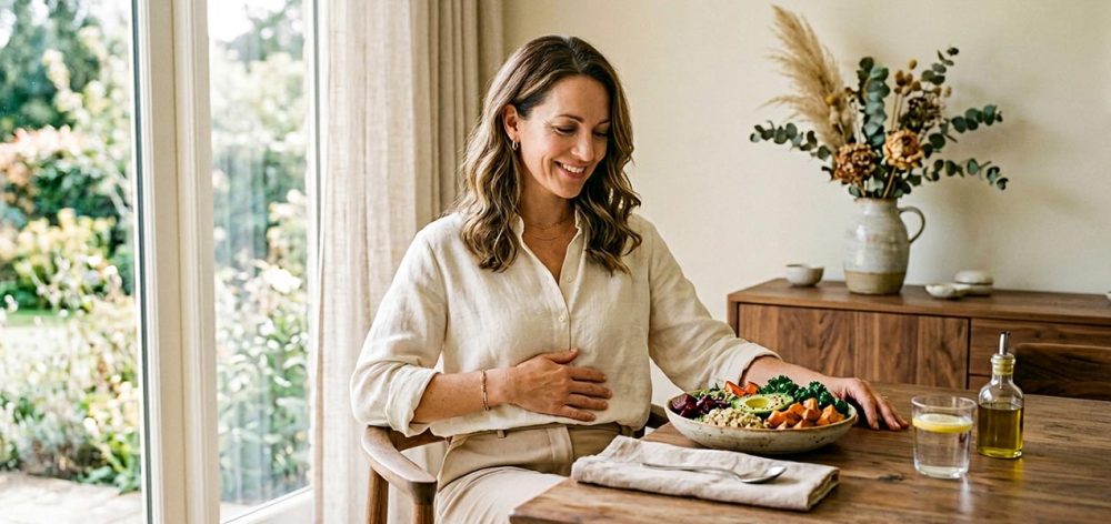 A woman in her 40s comfortably relaxing at home, symbolizing relief from midlife bloating and improved gut health through peptide therapy.