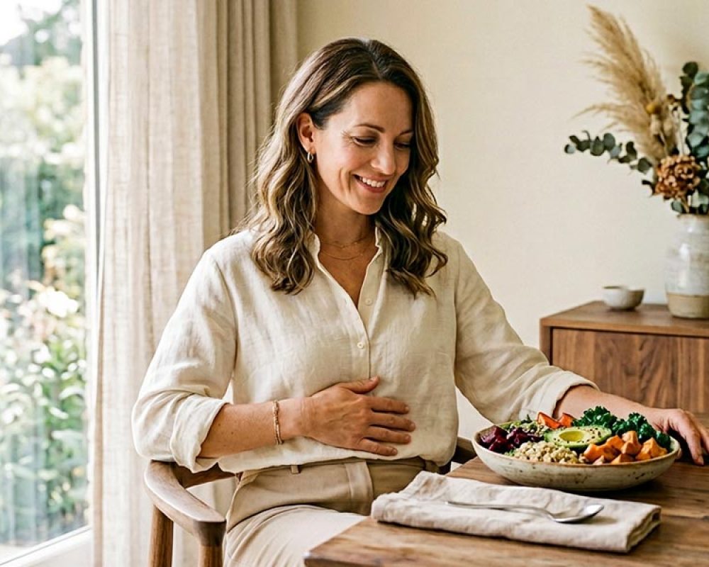 A woman in her 40s comfortably relaxing at home, symbolizing relief from midlife bloating and improved gut health through peptide therapy.