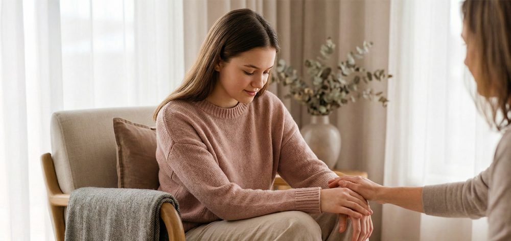 Teenage girl receiving emotional support during a health consultation as parents learn about early PCOS signs and hormonal changes.