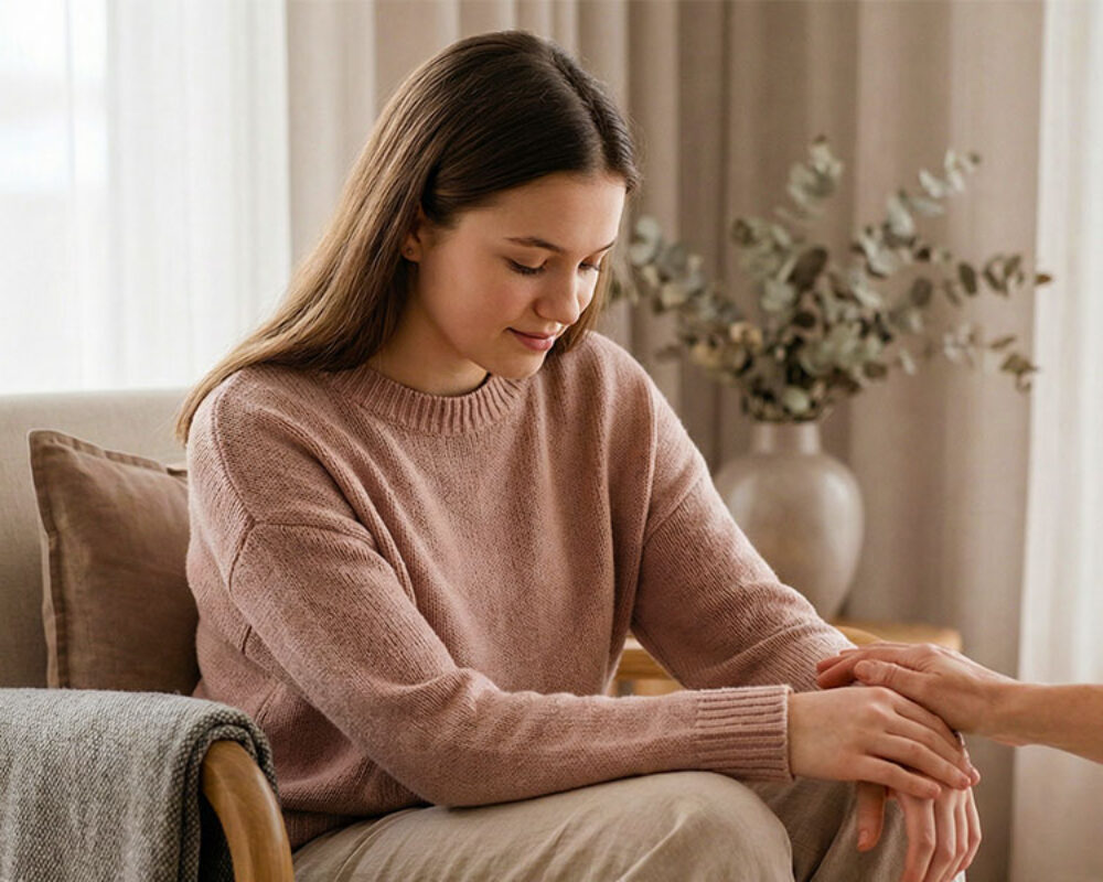 Teenage girl receiving emotional support during a health consultation as parents learn about early PCOS signs and hormonal changes.