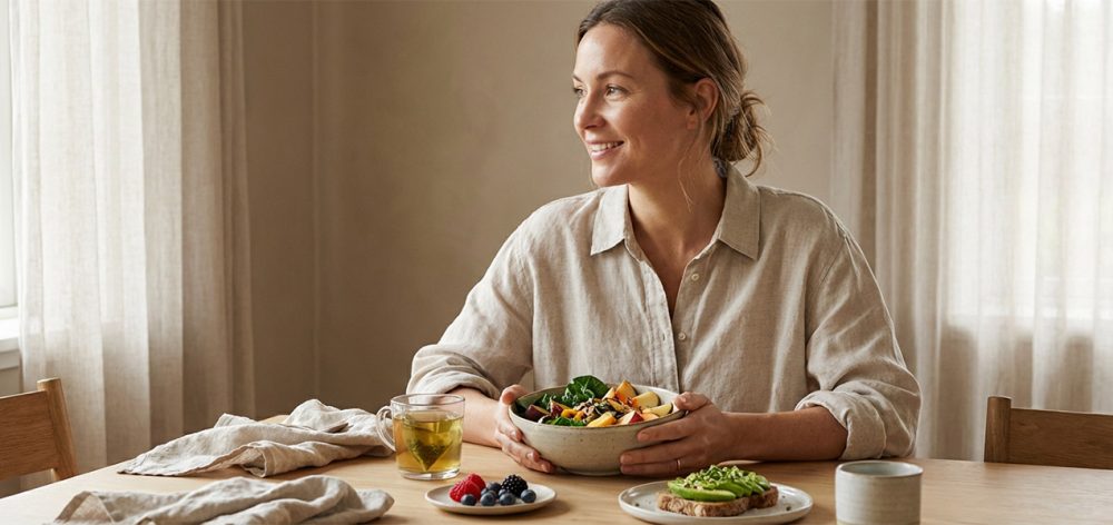 A healthy, radiant woman in her mid-30s enjoying a nutritious meal, representing proactive fertility preparation.