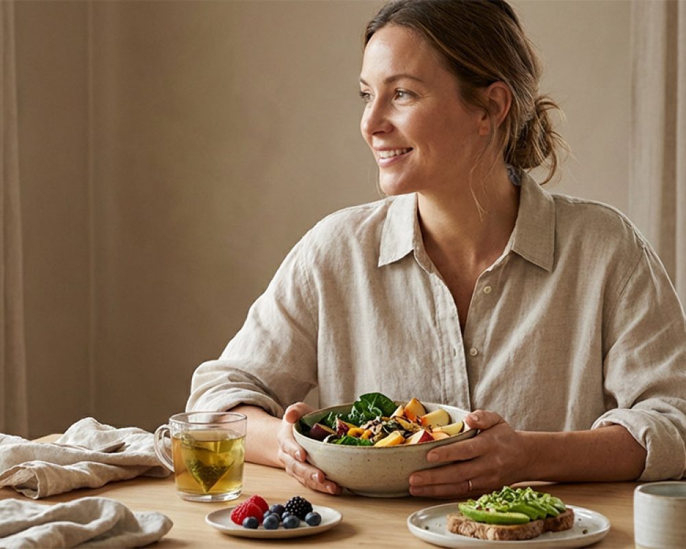 A healthy, radiant woman in her mid-30s enjoying a nutritious meal, representing proactive fertility preparation.